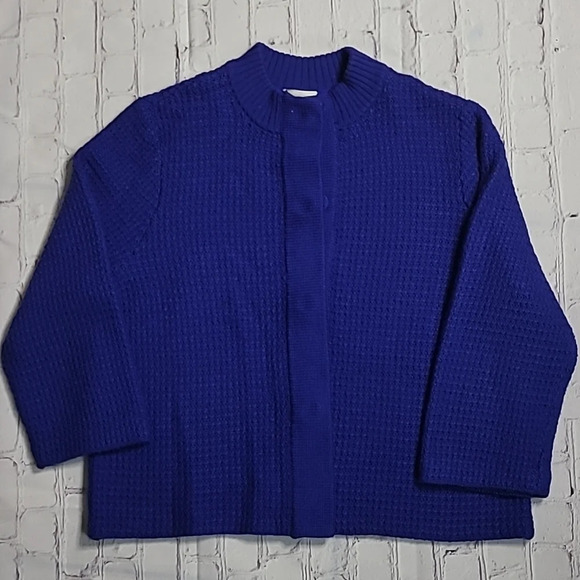 Chico's Woolen 3/4 Sleeve Royal Blue Wool Blend Granny Cardigan Sweater - Picture 1 of 13